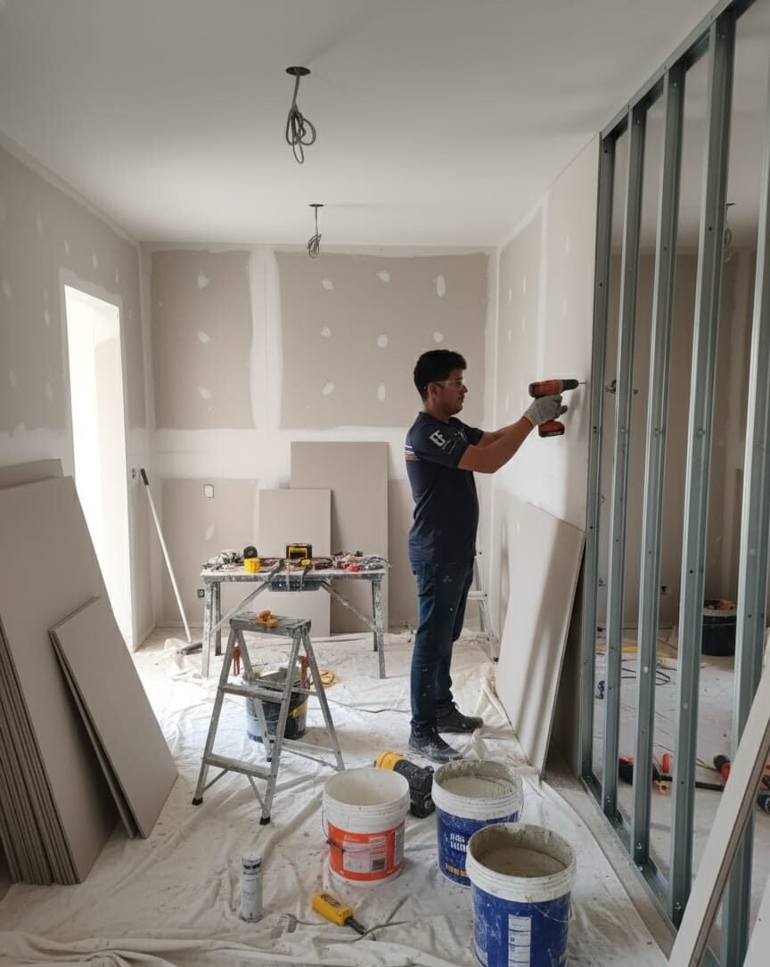 Serviço de Construção e Montagem de Drywall em obra residencial pela EF Construções em Guarulhos, SP.