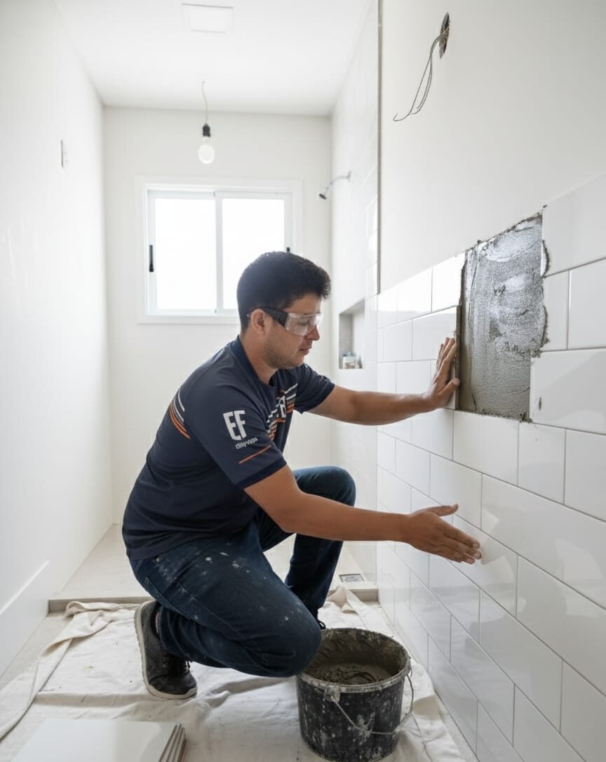 Serviço de Reforma de Banheiro/Cozinha com assentamento de azulejos por especialista em revestimentos da EF Construções.